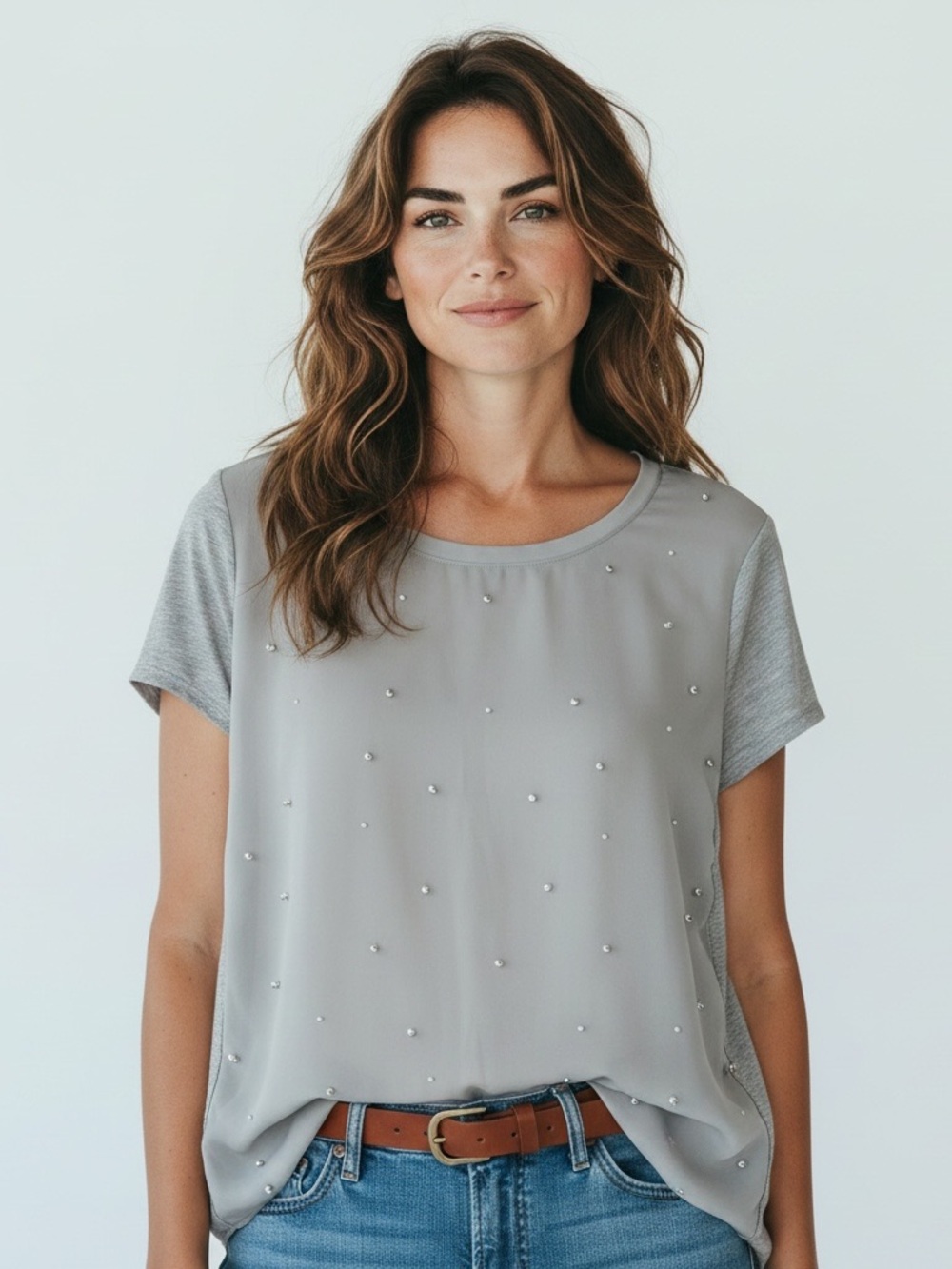 Ann Taylor Light Gray Pearl-Embellished Short Sleeve Top